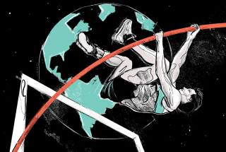 A sketch of a man jumping on a vault