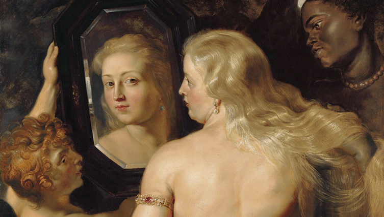 painting of woman looking into the mirror