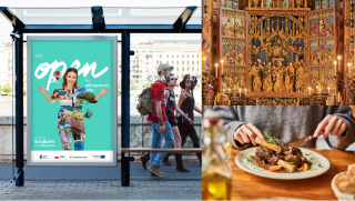 Photo collage: A Małopolska Tourism Organisation –360 campaign poster on a bus stop, beautiful St. Mary's basilica, a woman eating ribs in a restaurant