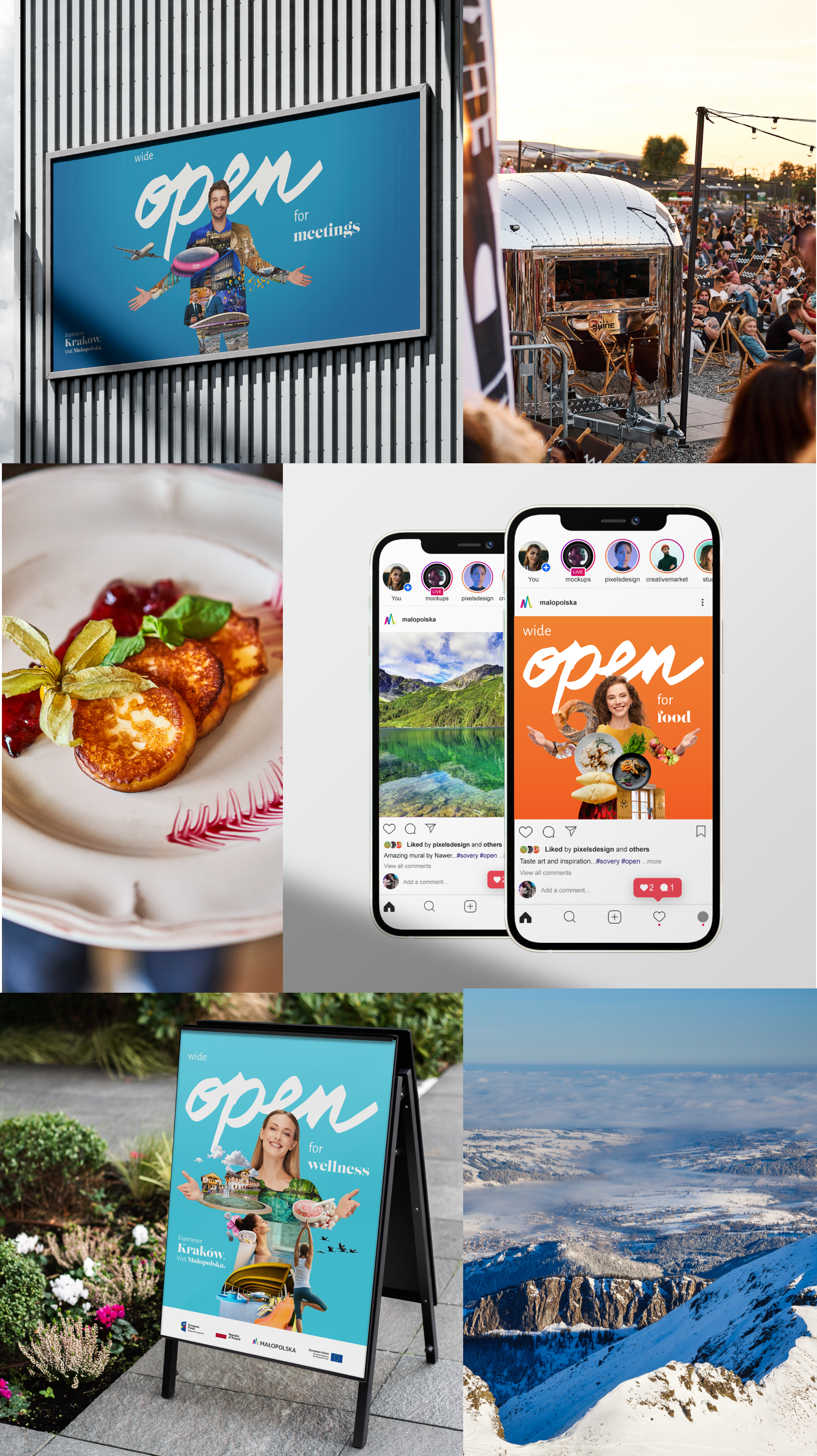 Photo collage: A Małopolska Tourism Organisation –360 campaign banner, Oscypek on a plate, Instagram post with Małopolska Tourism Organisation –360 campaign banner, a mountain view